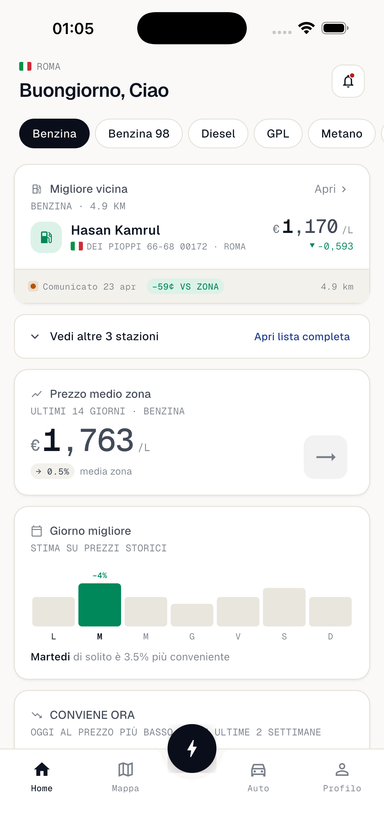 Schermata della mappa Rifuel con i prezzi del carburante per stazione
